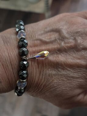 Faceted Hematite Bead Bracelet with Iridescent Teardrop Charm
